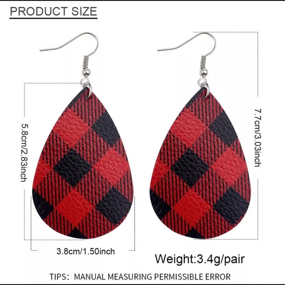 Faux leather plaid pattern tear drop earrings - Picture 3 of 3